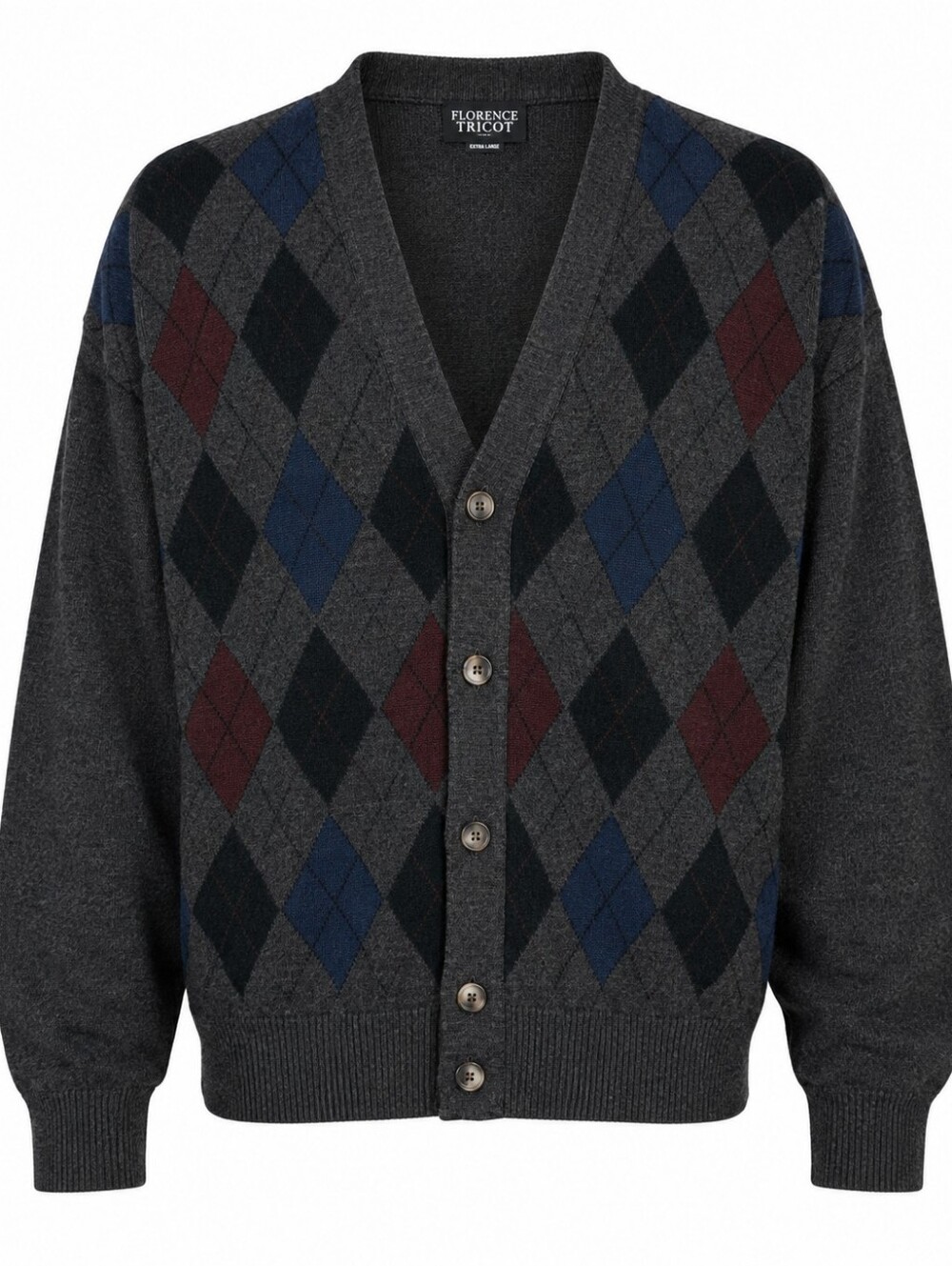 FLORENCE TRICOT | Vintage Argyle Wool Blend 90s Grandpa Cardigan Sweater | XL